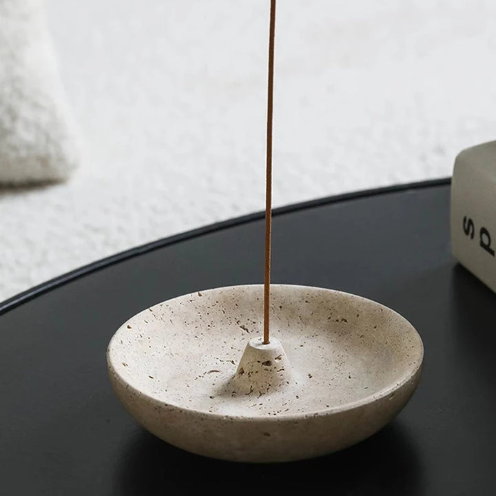 Vintage Travertine Incense Holder – Natural Stone Round Disc Burner & Ash Catcher | Antique-Style Marble Aromatherapy Plate