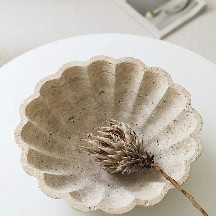 Large Travertine Ruffle Bowl – Marble Serving Tray for Home Decor