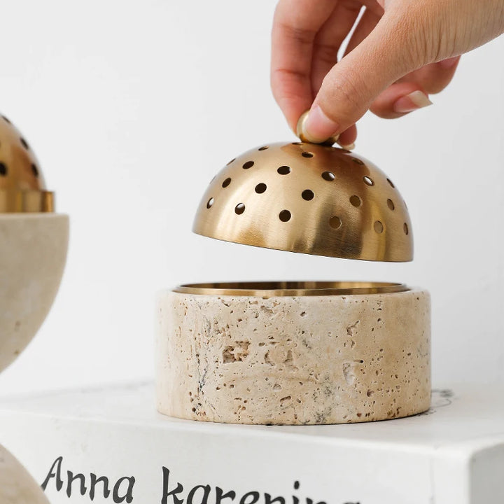 Travertine Oud & Bakhoor Burner with Brass Cover