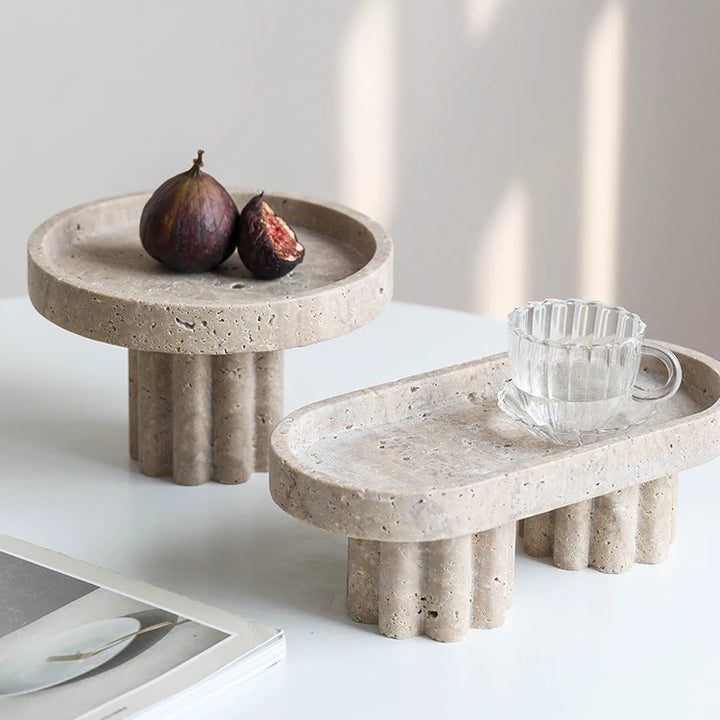 Luxury Travertine Marble Tray with Legs – Decorative Stone Serving Tray for Coffee Table, Vanity, or Candle Display