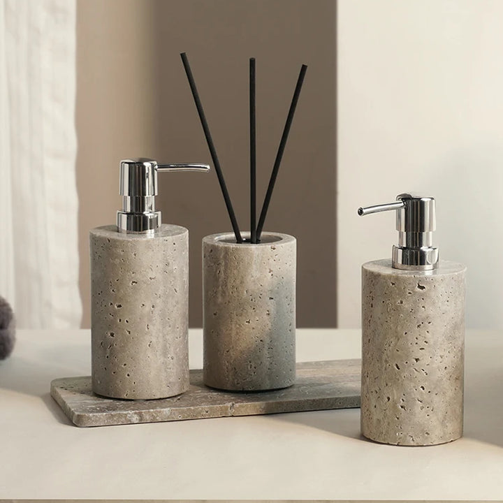 Travertine Bathroom Set – Natural Marble Soap Dispenser & Tray
