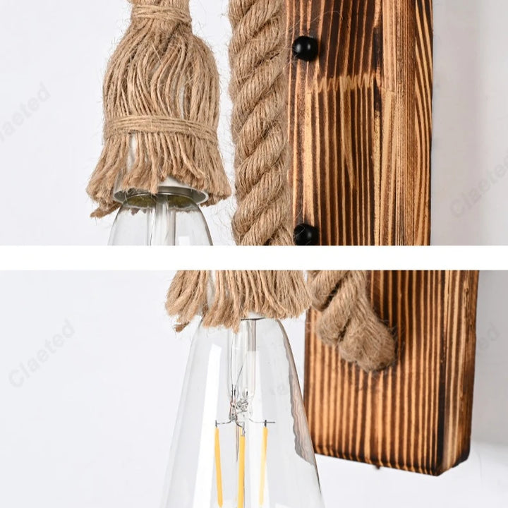 Retro LED Wall Lamp – Solid Wood & Hemp Rope Lighting