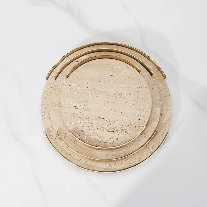 Round Travertine Tray with Metal Frame