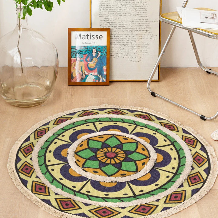 Moroccan Cotton Linen Round Rug – Geometric Floor Decor