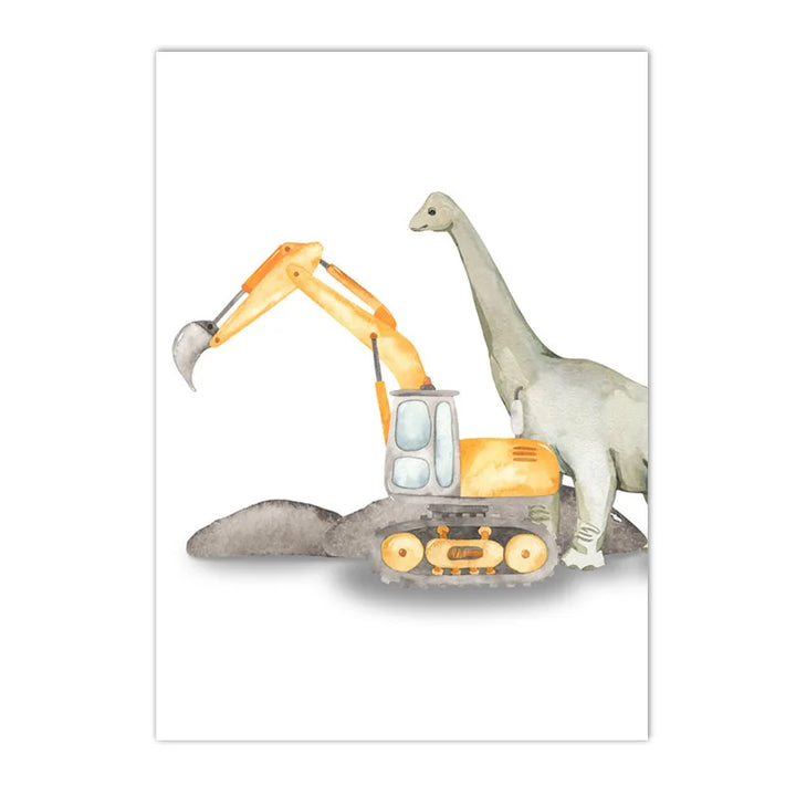 Whimsical Dinosaur Truck & Excavator Canvas Art for Kids Nursery & Boys Room Decor – Nordic Cartoon Wall Print