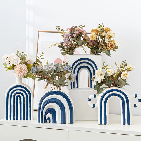 Blue and White Striped Ceramic Vase – Modern Decor