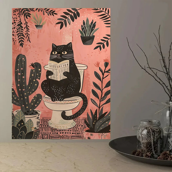Póster divertido de gato negro leyendo en el inodoro, impresiones de animales para el baño, pintura en lienzo, arte de pared, imágenes para el inodoro, decoración del baño.
