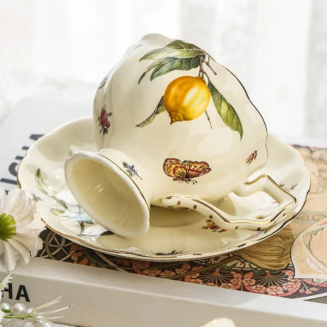 Vintage Lemon Porcelain Coffee Mug with Tray