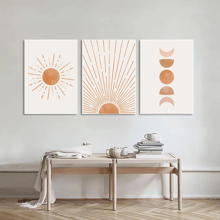 Lienzo bohemio de mediados de siglo con sol y luna: impresiones nórdicas abstractas para decoración moderna de sala de estar o dormitorio (juego de 3)