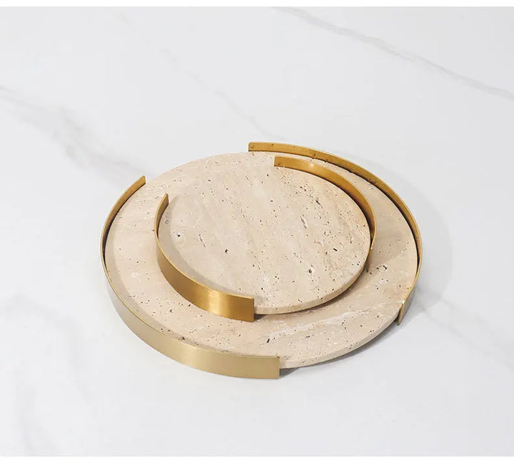 Round Travertine Tray with Metal Frame