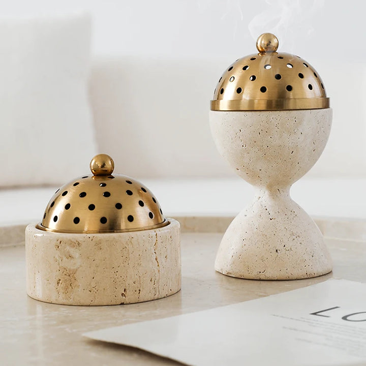 Travertine Oud & Bakhoor Burner with Brass Cover