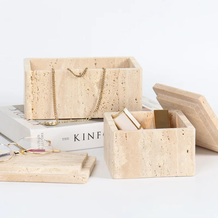 Natural Travertine Marble Storage Box – Decorative Bathroom Organizer for Jewelry, Cotton Swabs & Vanity Essentials