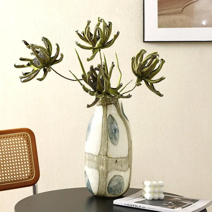 Blue & Green Grid Spot Glass Vase – Modern Pebble-Pattern Decorative Flower Vase for Home & Terrariums