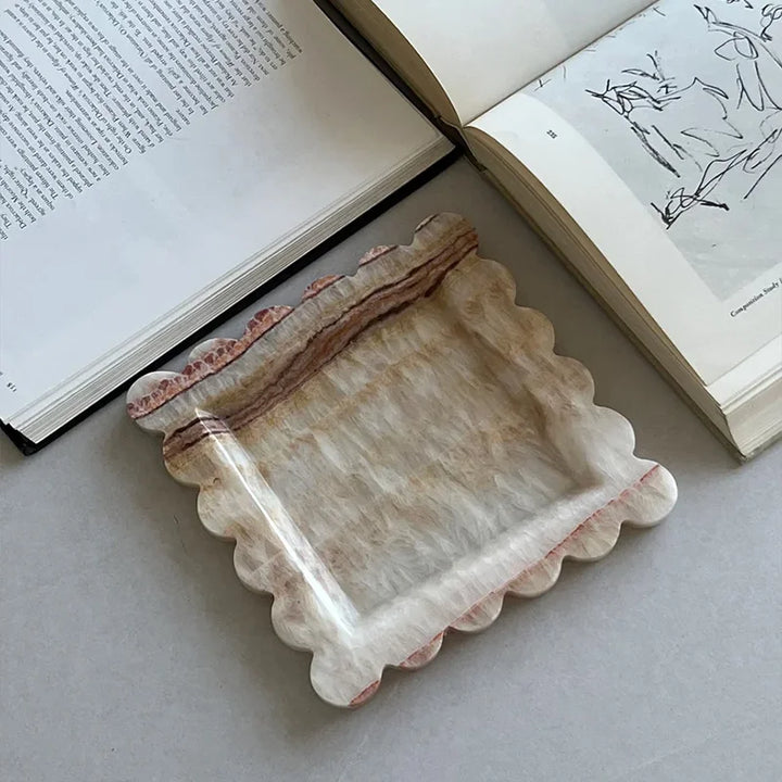 Natural Travertine Marble Tray – Scalloped Luxury Jewelry & Display Plate | Square Stone Organizer for Home & Vanity Decor