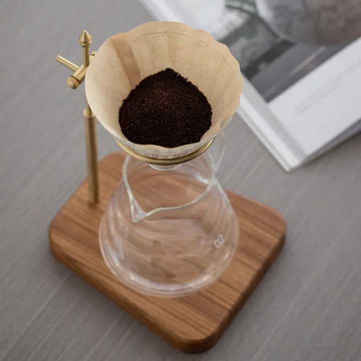 Adjustable Solid Wood & Brass Pour Over Coffee Stand – Hand Brewed Coffee Filter Holder for Home Baristas