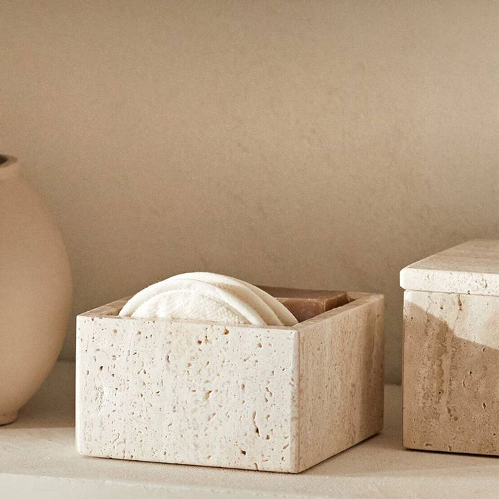 Natural Travertine Storage Jar – Marble Organizer Canister for Jewelry, Cotton Swabs, Makeup Pads & Bathroom Essentials