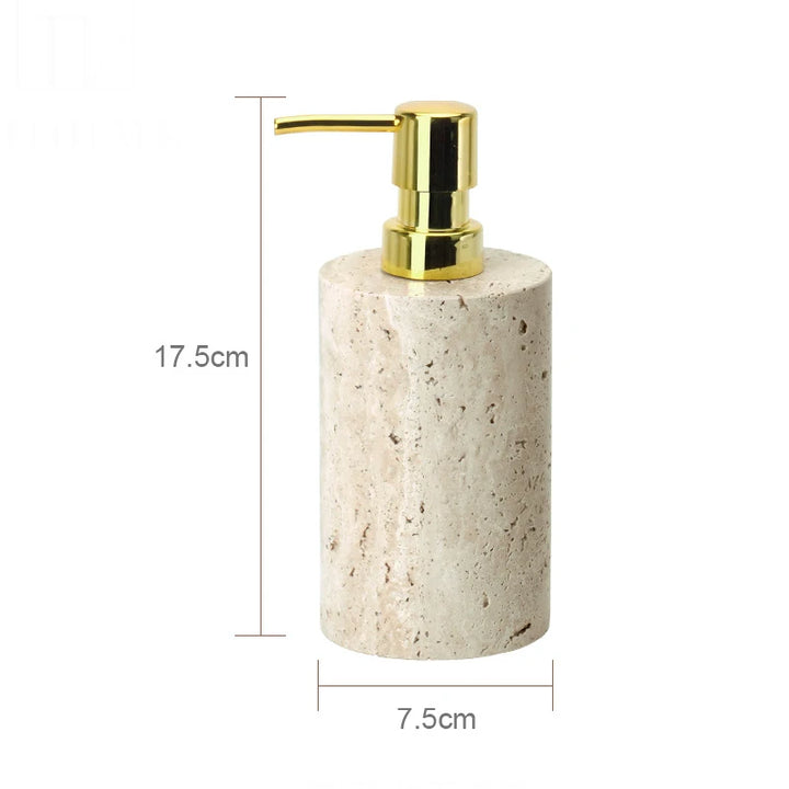 Beige Travertine Marble Bathroom Set – 9-Piece Natural Stone Accessories with Soap Dispenser, Diffuser, Tray & More