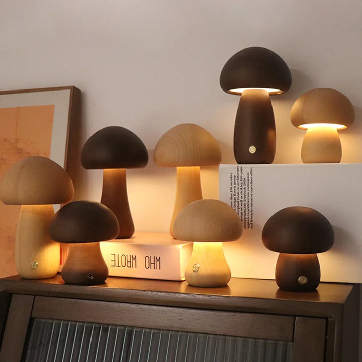 Cute Wooden Mushroom Night Light – Touch Bedside Lamp