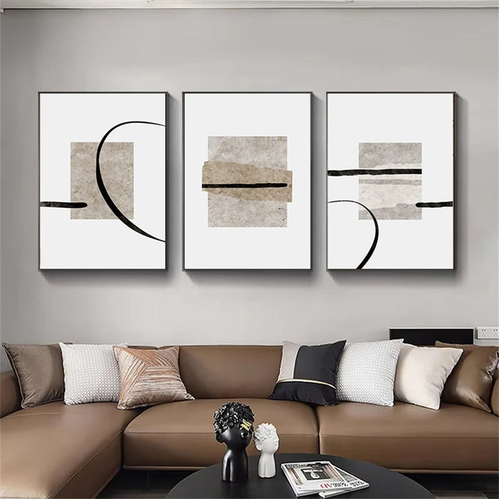 Beige and Black Abstract Line Art – Minimalist Canvas Wall Decor