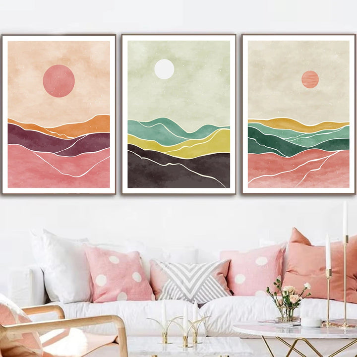 Boho Sunrise Landscape Canvas Print – Abstract Green & Orange Mountain Sun Wall Art for Living Room | Unframed Modern Poster Decor