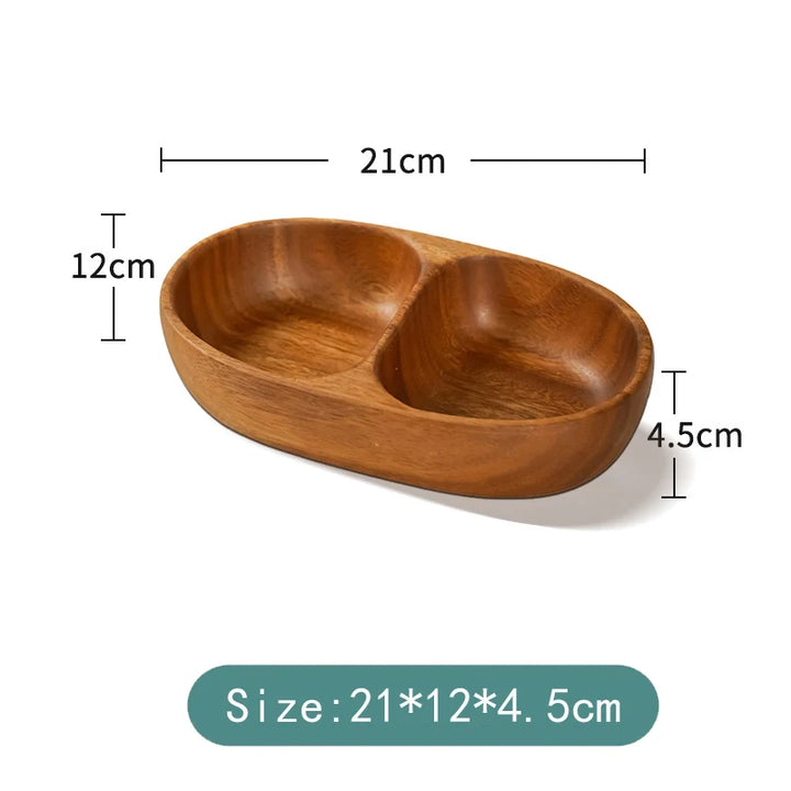 Acacia Wood Snack Plate – Solid Wood Multi-Compartment Tray for Dried Fruit, Nuts, Salad | Rustic Chinese Style Serving Bowl