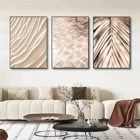 Nordic Beige Palm Leaf Canvas – Modern Wall Art Trio